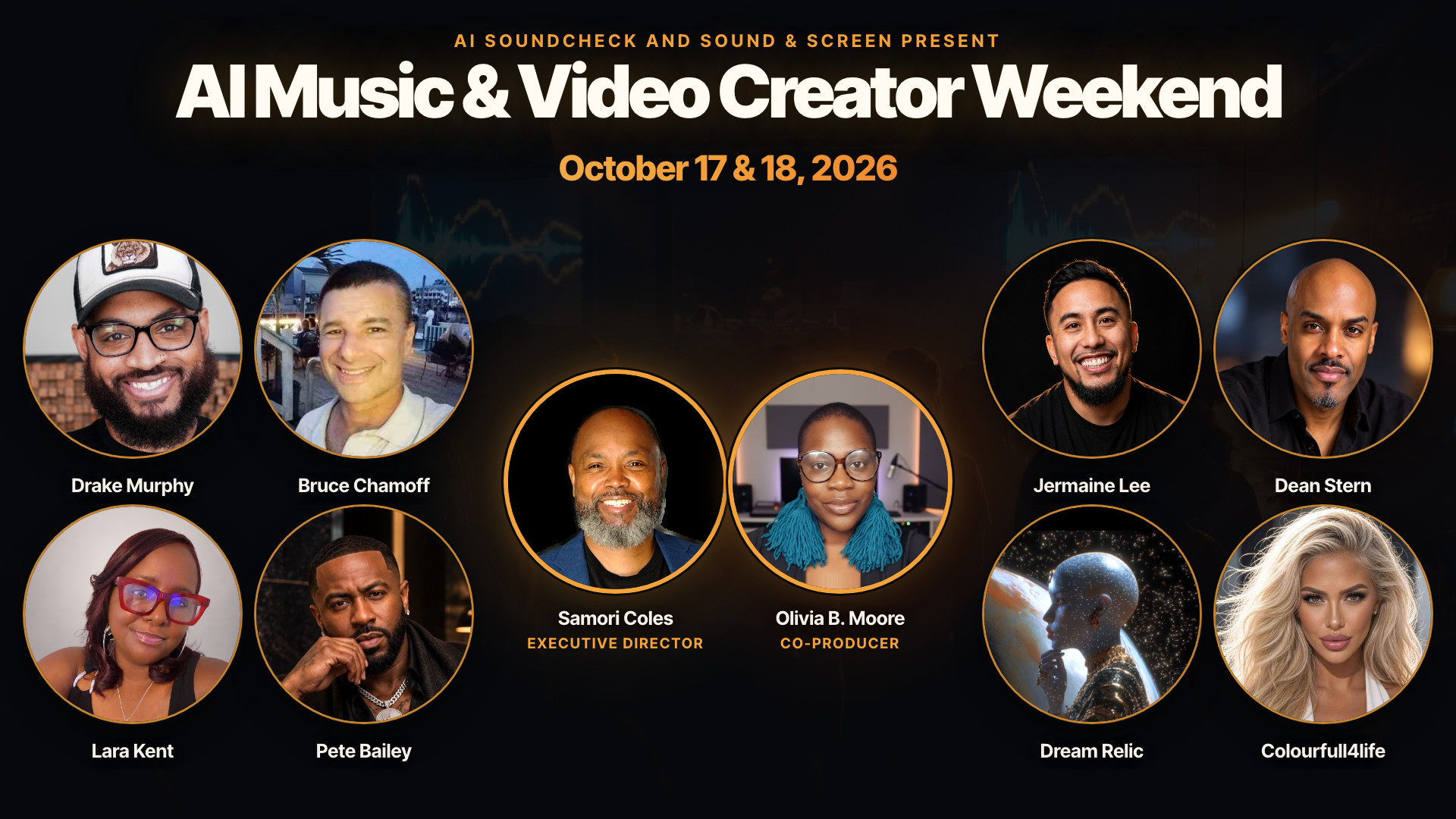 Samori Coles and Olivia B. Moore with the eight AI Music and Video Creator Weekend ambassadors.